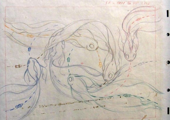 A layout drawing for a fish ballerina's path of action, with color indications to differentiate the routes and dimensional arrows to match the changing perspective animation of the fish in 'The Nutcracker Suite' sequence of "Fantasia."